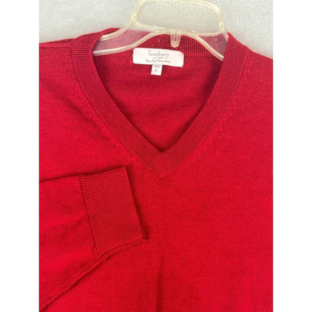 Turnbury Mens Large Red Extra Fine Merino Wool V-Neck Sweater LG